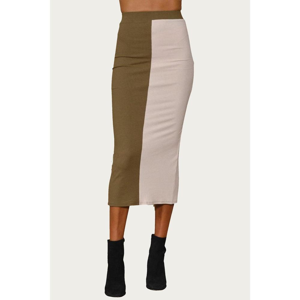 NEW ENDLESS BLU. colorblocked ribbed-knit midi skirt in olive ecru